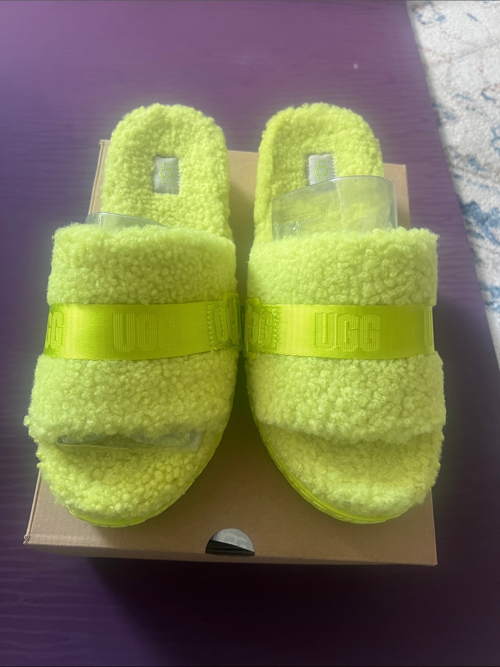 UGG  Neon Shearling Slide Sandals in Bright Green